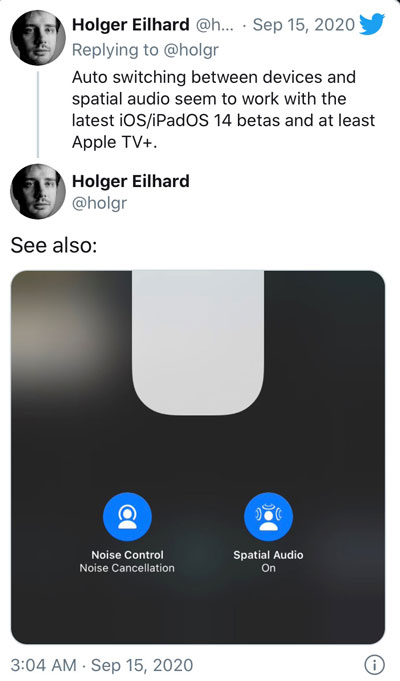 AirPods Pro 新增空间音频功能，iOS 14 下支持设备之间自动切换