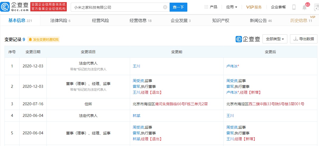 王川退出小米之家科技有限公司法定代表人
