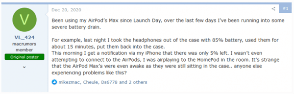 用户吐槽AirPods Max设备续航不行