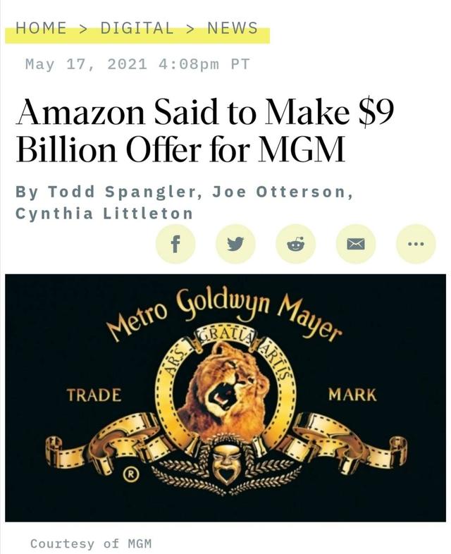 好莱坞百年老店要换东家，亚马逊将豪掷90亿美金收购米高梅