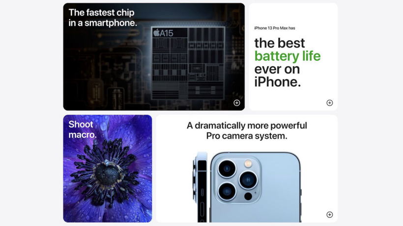 苹果 iPhone 13 / Pro 产品页面更新，突出关键功能