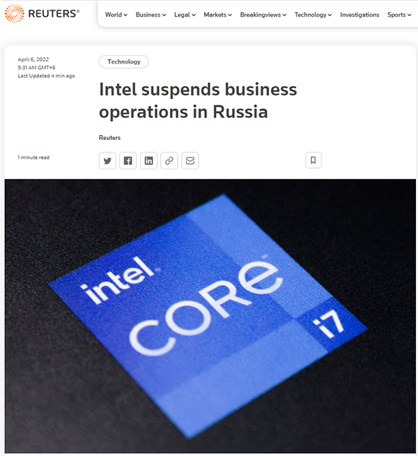 英特尔暂停在俄所有业务运营