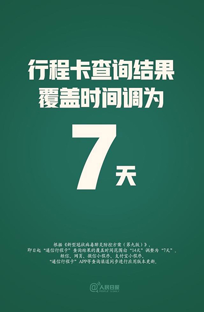 通信行程卡时间范围由14天改为7天