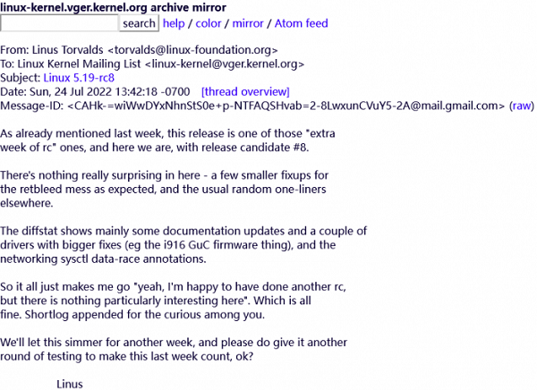 Linux 5.19-rc8 发布：包含更多 Retbleed 修复、英特尔 GuC 固件修复