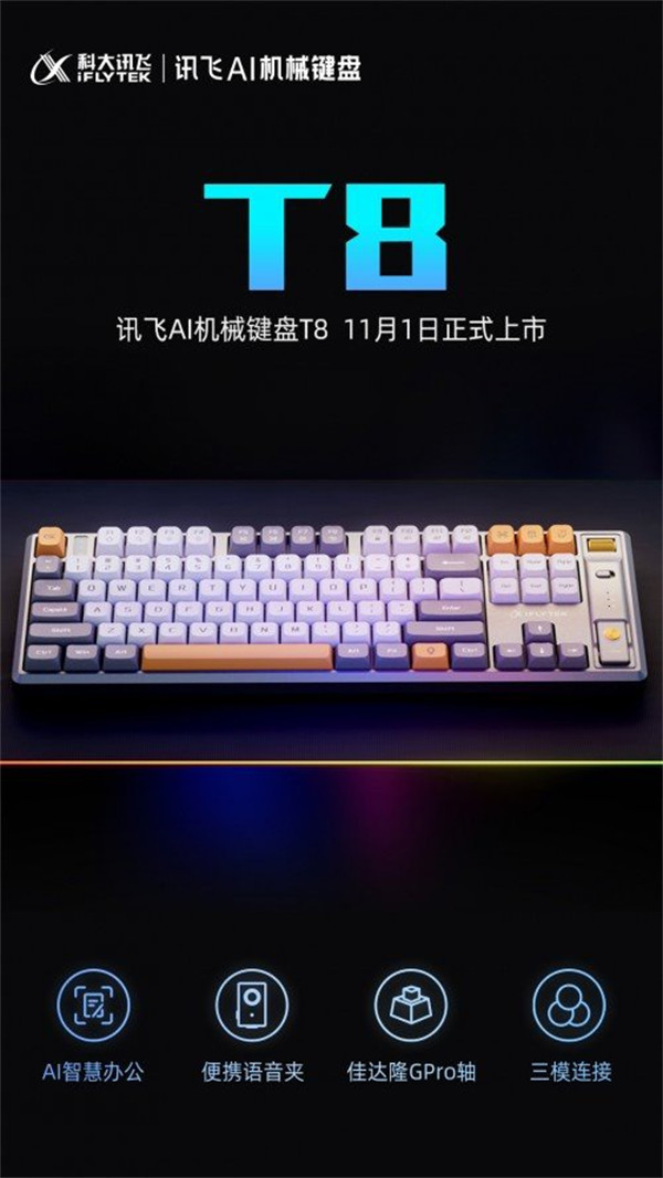 科大讯飞 AI 机械键盘T8：11月1日上市支持语音输入 支持蓝牙、2.4G、有线三种连接模式