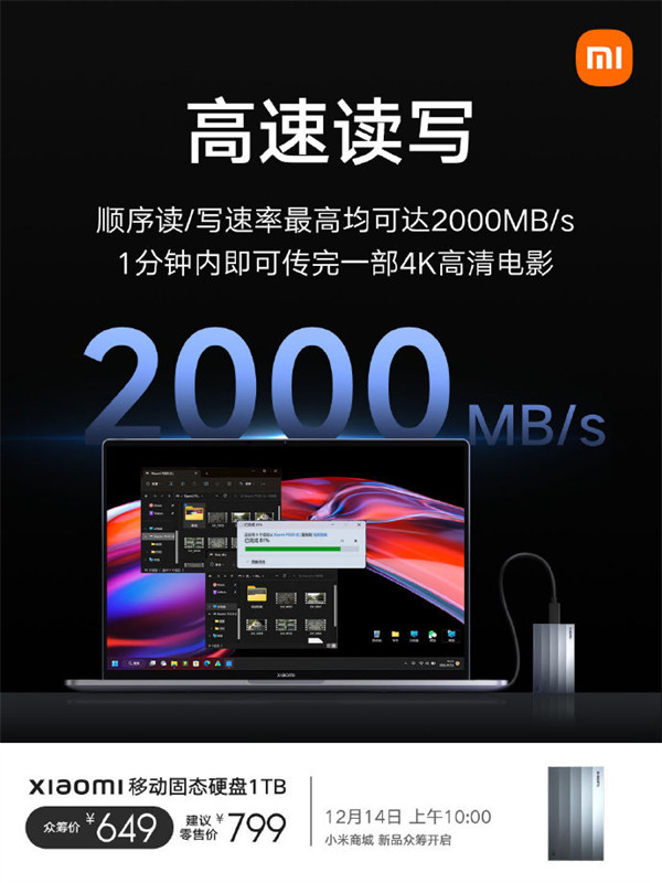 小米移动固态硬盘 1TB12 月 14 日在小米商城开启众筹，众筹价 649 元
