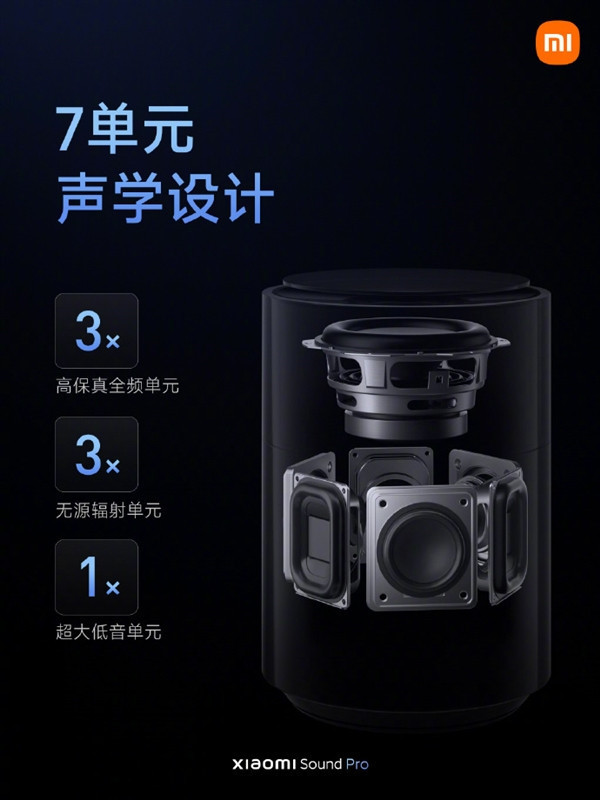 小米Sound Pro智能音箱开售，小米自研夜莺算法2.0，7单元声学设计，首发999元