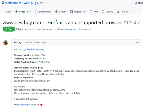 Firefox的110版本遭到部分网站的“误伤”,Firefox 110被错误识别为IE 11