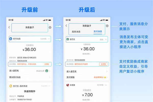 支付宝 App 首页消息盒子升级：推送支付消息和服务消息，自定义配置优惠权益等