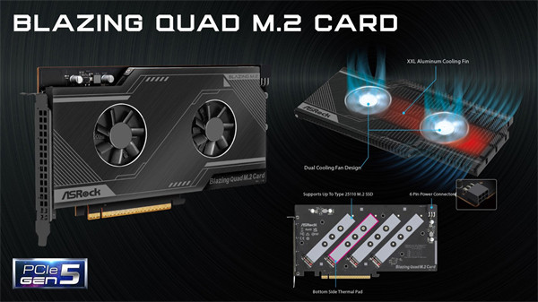 华擎为W790 主板推出 Blazing Quad PCIe 5.0 扩展卡，支持四个 M.2 SSD