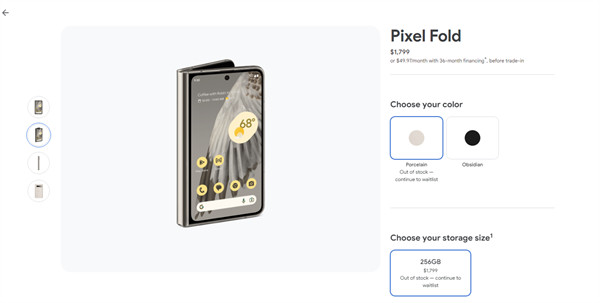 谷歌 Pixel Fold 折叠屏珊瑚色在美国显示缺货，售价 1799 美元
