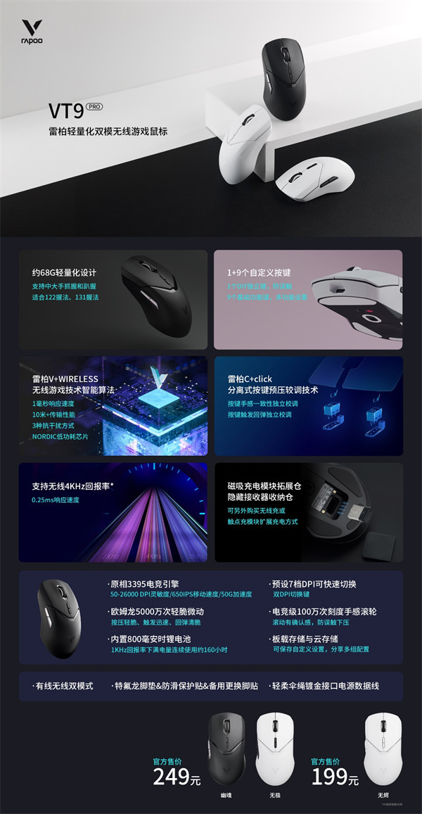雷柏 VT9 PRO 双模无线游戏鼠标上市，售价 199 元起