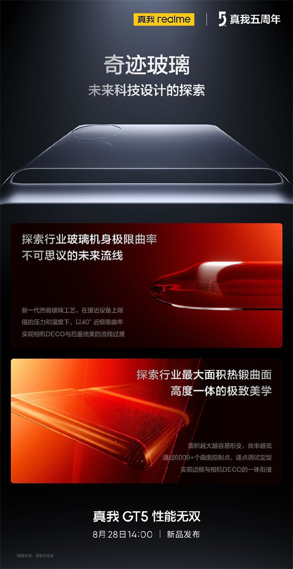 realme 真我 GT5 手机预热搭载奇迹玻璃