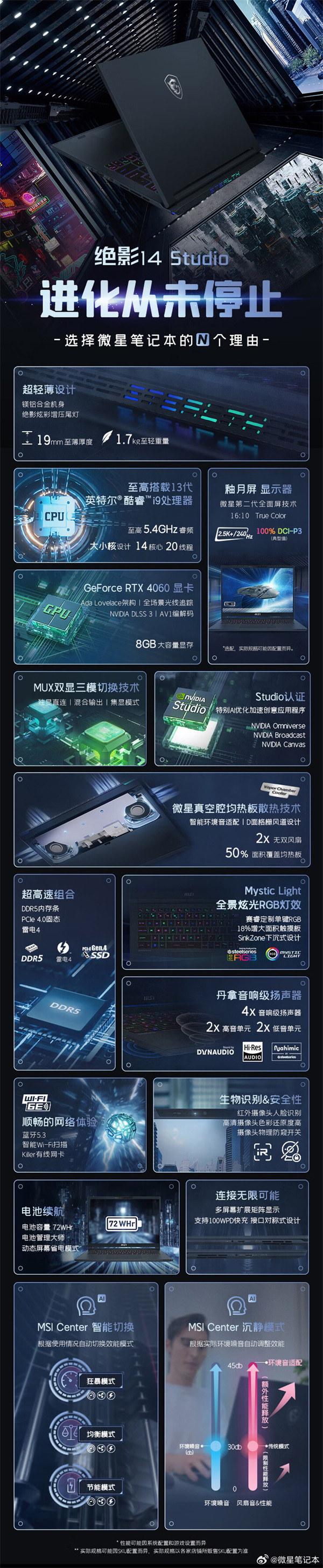 微星绝影 14 Studio 新增星辰蓝配色，到手价 10999 元