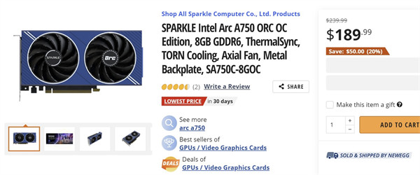 在北美平台上英特尔锐炫 A750 显卡降至 190 美元