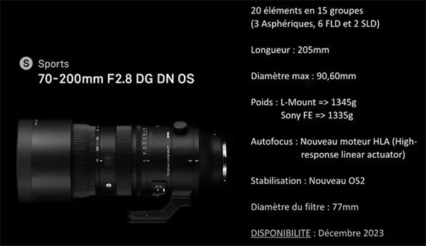 消息称：适马  70-200mm F2.8 DG DN OS | Sports 镜头将于11 月 16 日发布