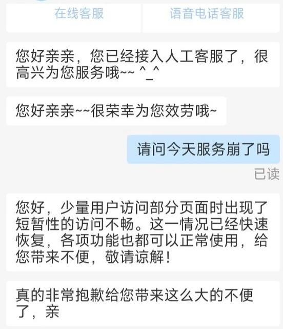 支付宝崩了？官方回应为少量用户访问页面出现短暂性访问不畅