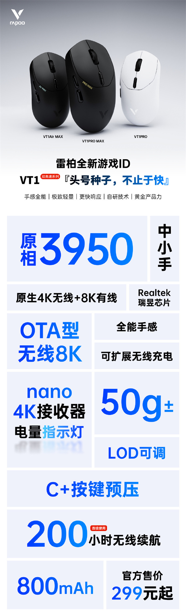 雷柏推出头号种子 VT1 双高速系列鼠标