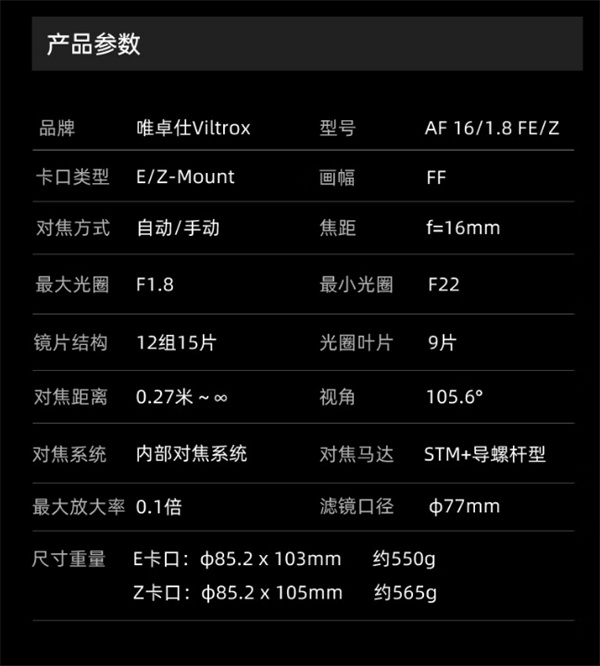 唯卓仕 16mm F1.8Z 今日 20 点开售