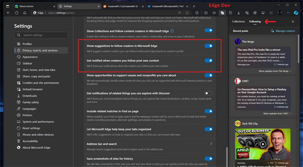 微软 Edge 浏览器正在移除创建者关注功能