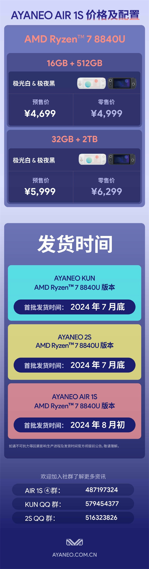AYANEO AIR 1S/2S/KUN掌机8840U版本开启预定