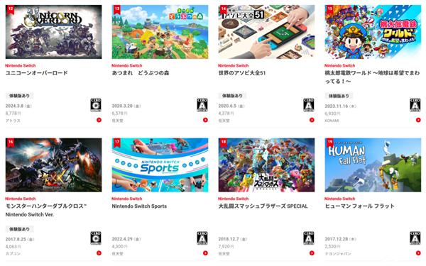 任天堂公布 2024 年上半年日服 Switch 游戏下载榜