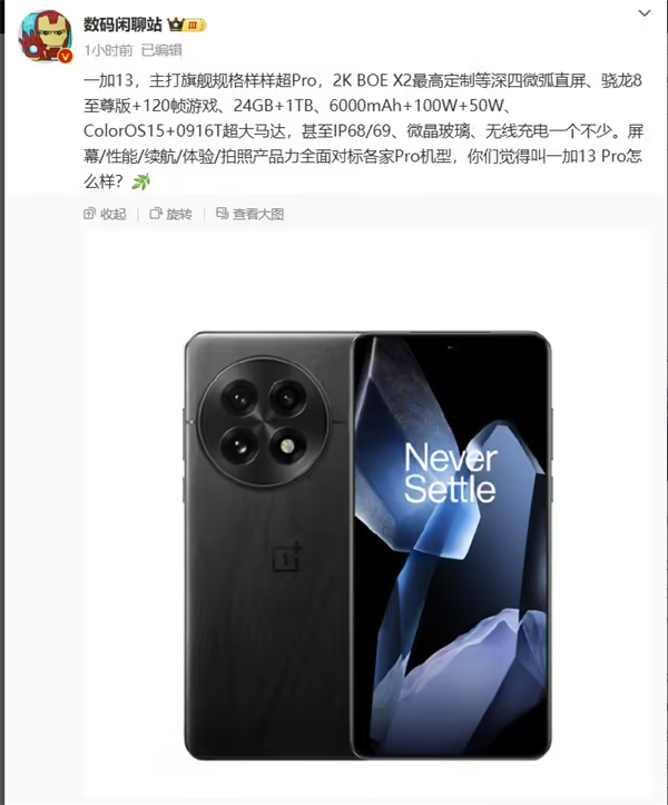 一加 13 手机配置揭晓：等深四微弧直屏，顶配达 24GB+1TB