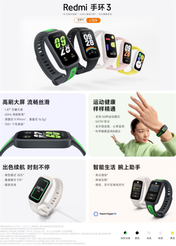 小米 Redmi 手环 3 今日上市，首发价 159 元