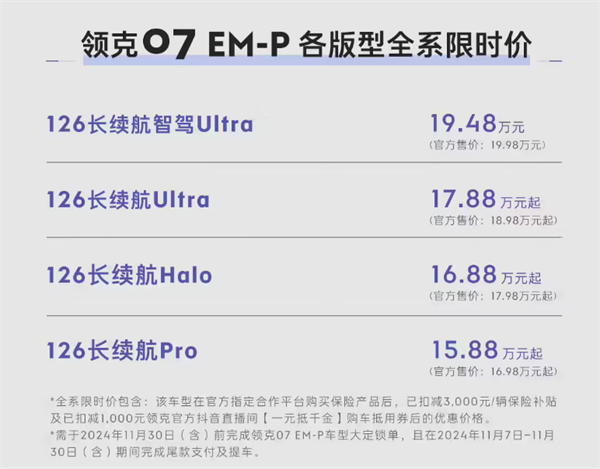 领克 07 EM-P 新增长续航智驾 Ultra 版上市，限时售价 15.88万-19.48 万